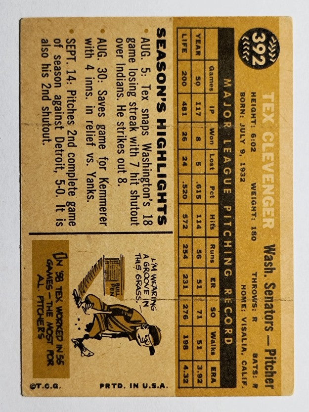 1960 Topps #392A Tex Clevenger WB (VGEX)