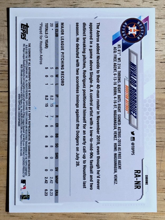 2021 Topps Chrome Rookie Autographs #RANR Nivaldo Rodriguez