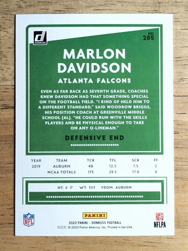 2020 Donruss Press Proof Yellow #285 Marlon Davidson