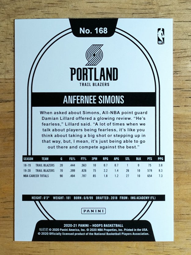 2020-21 Hoops Purple #168 Anfernee Simons