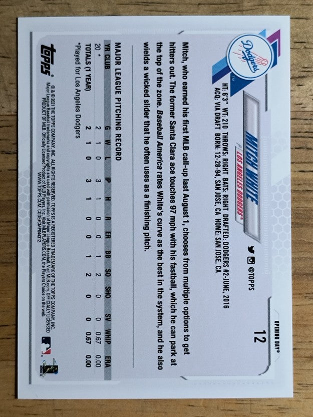 2021 Topps Opening Day #12 Mitch White RC