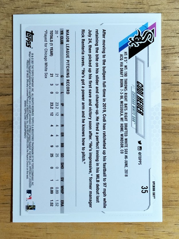 2021 Topps Opening Day #35 Codi Heuer RC