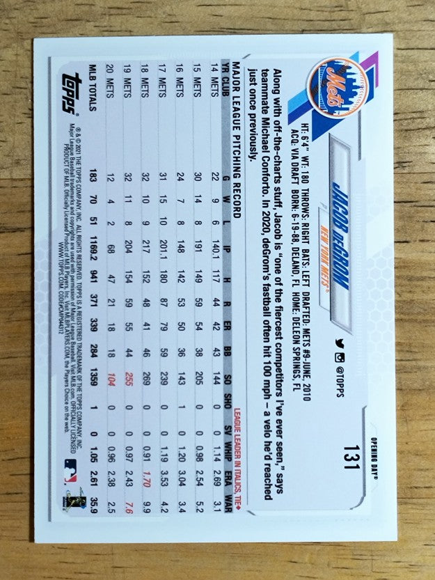 2021 Topps Opening Day #131 Jacob deGrom