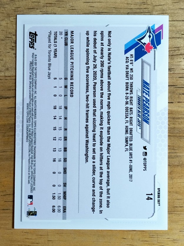 2021 Topps Opening Day #14 Nate Pearson RC