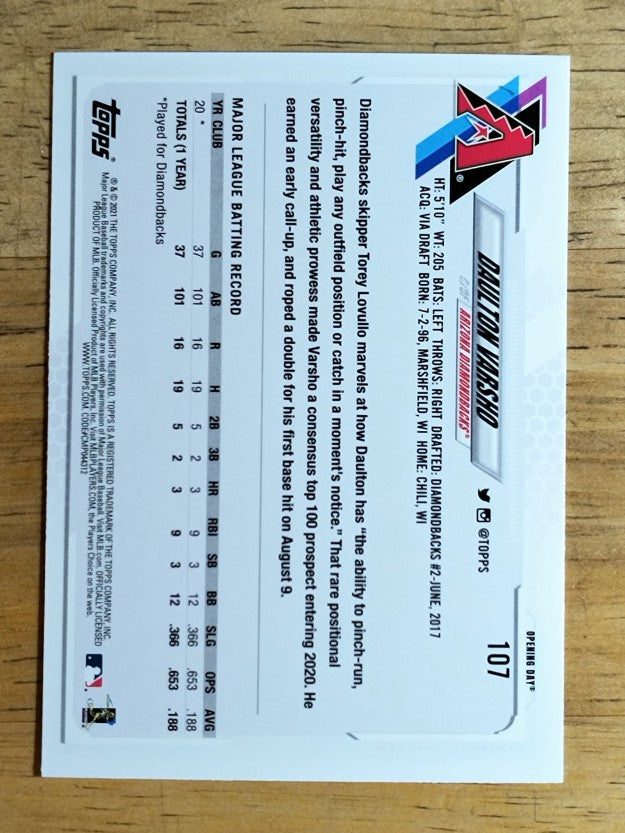 2021 Topps Opening Day #107 Daulton Varsho RC
