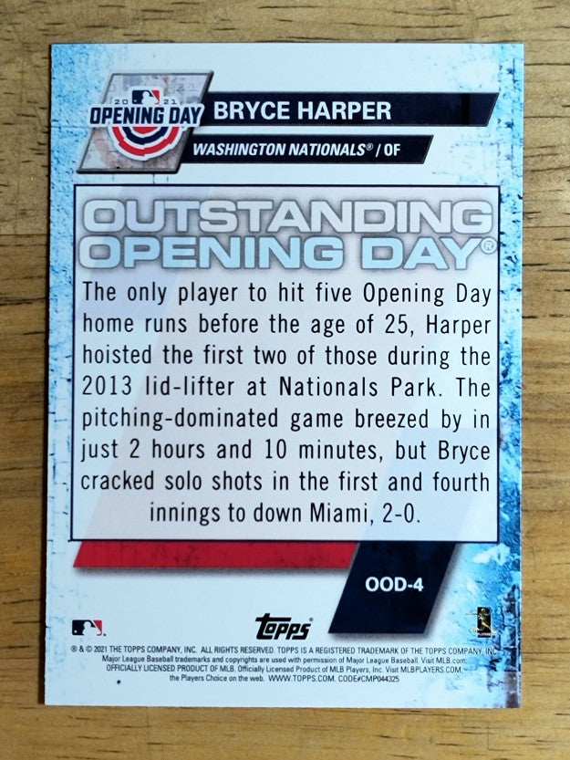 2021 Topps Opening Day Outstanding Opening Days #OOD4 Bryce Harper