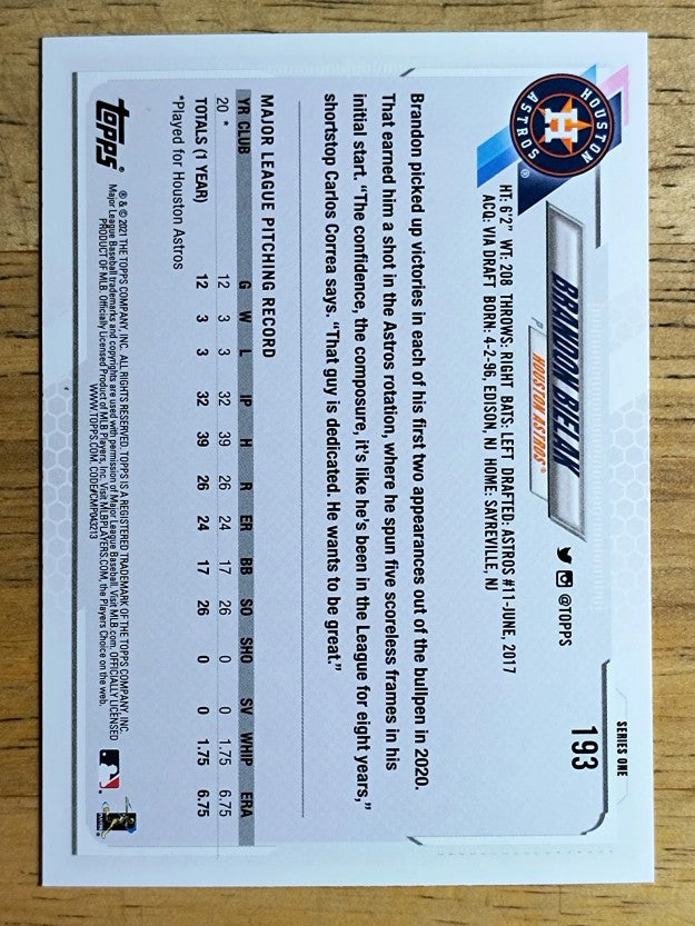 2021 Topps #193 Brandon Bielak RC