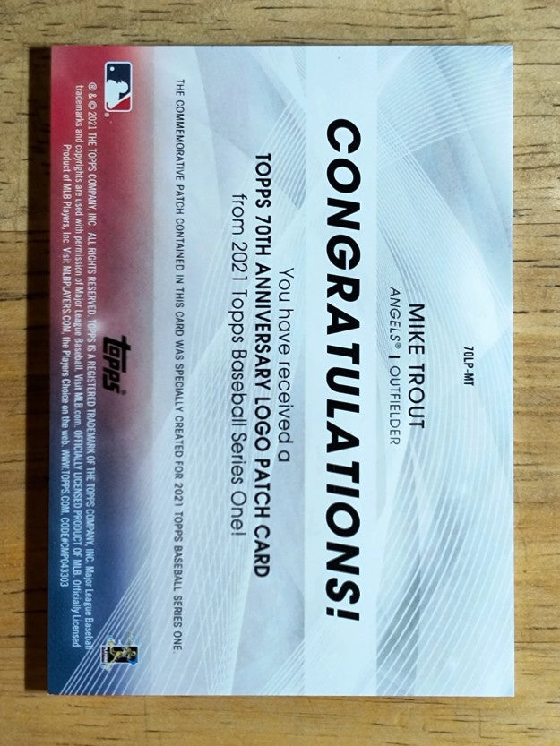 2021 Topps 70th Anniversary Commemorative Logo Patches #70LPMT Mike Trout