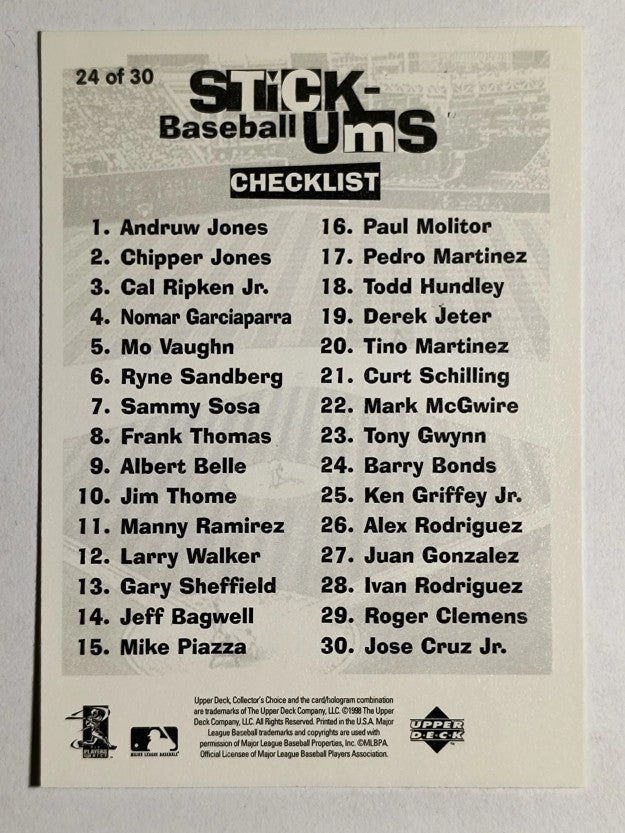 1998 Collector's Choice Stick 'Ums #24 Barry Bonds