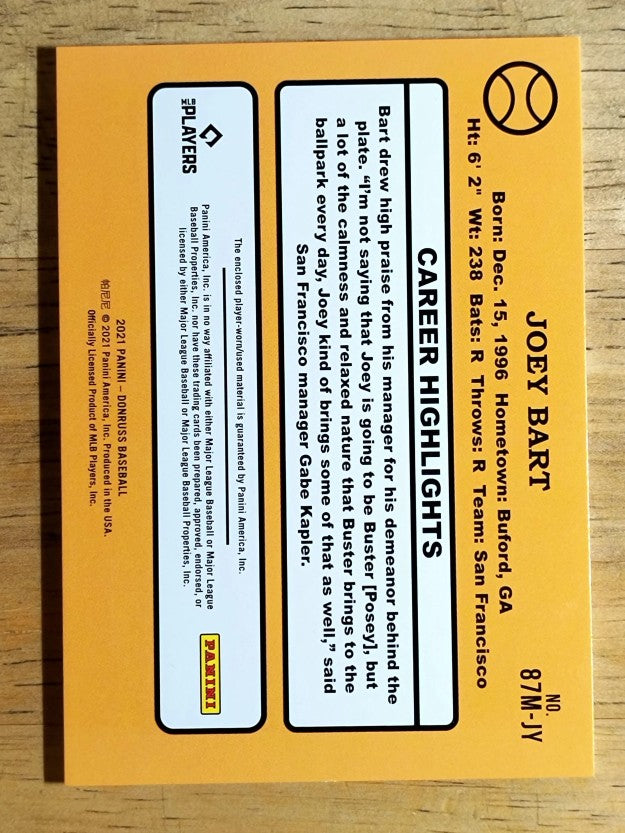 2021 Donruss Retro '87 Materials #87MJB Joey Bart