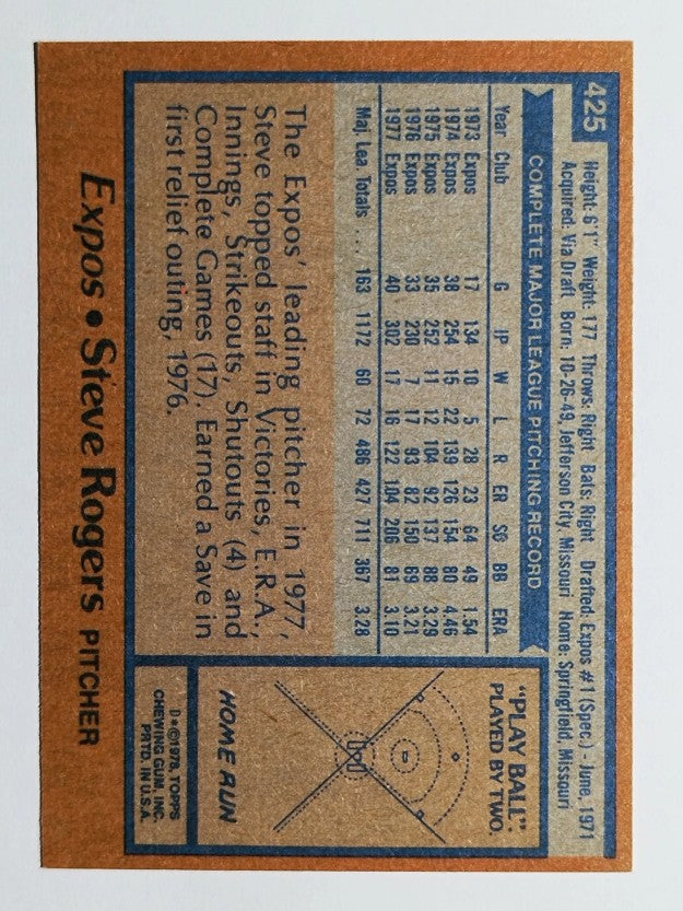 1978 Topps #425 Steve Rogers DP (NMMT)