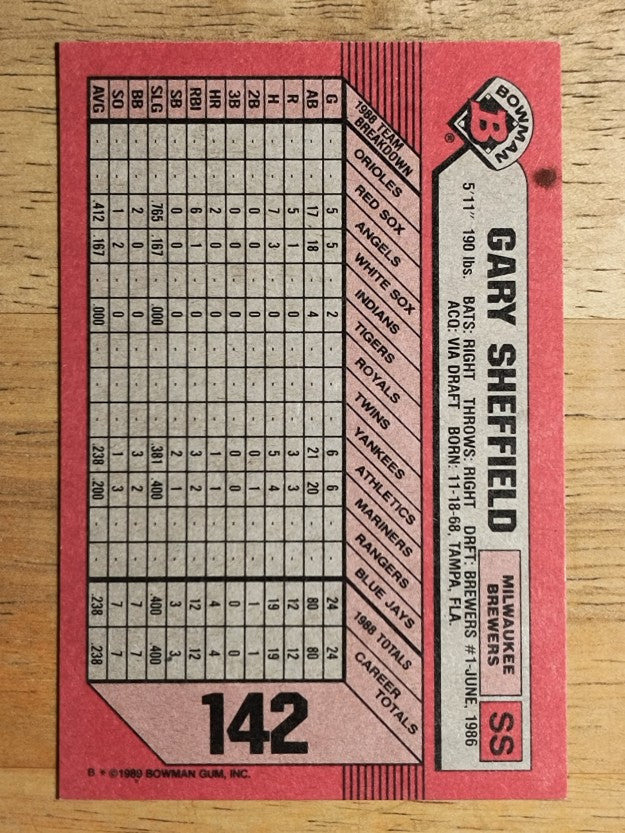 1989 Bowman #142 Gary Sheffield RC