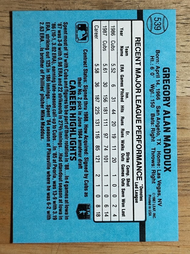 1988 Donruss #539 Greg Maddux