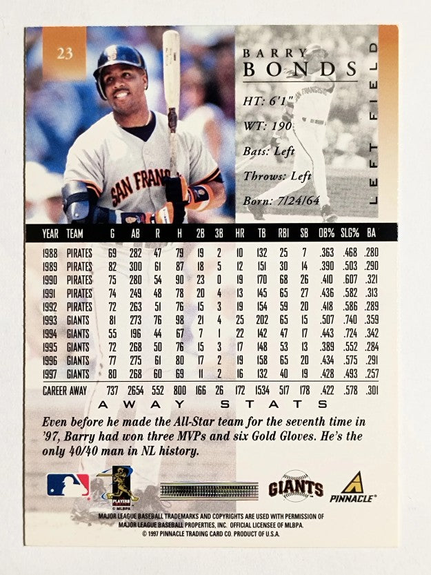 1998 Pinnacle Away Statistics Back #23 Barry Bonds