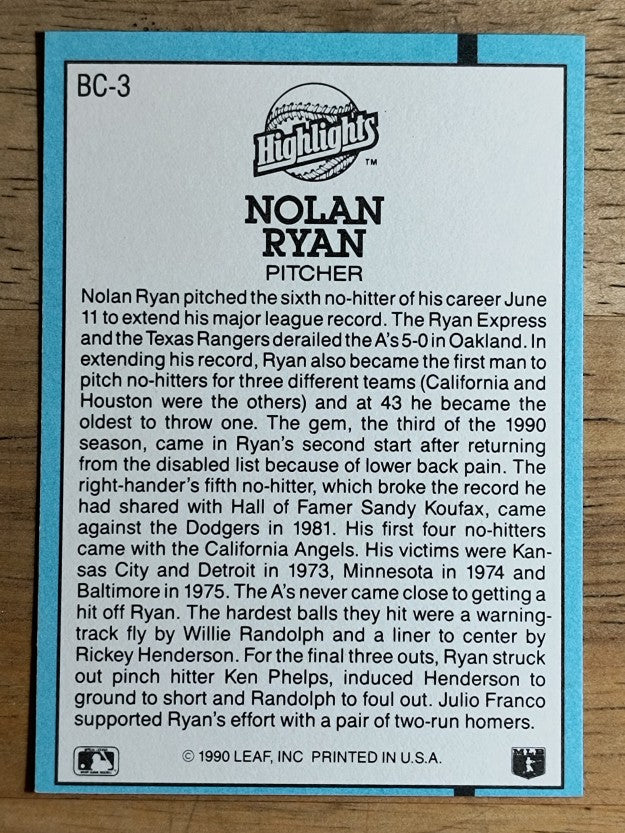 1991 Donruss Bonus Cards #BC3 Nolan Ryan NH