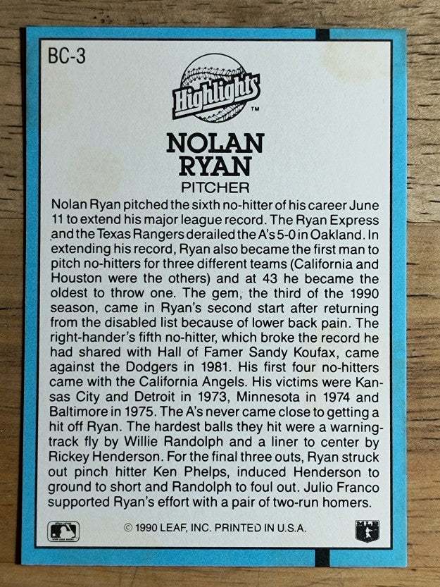1991 Donruss Bonus Cards #BC3 Nolan Ryan NH