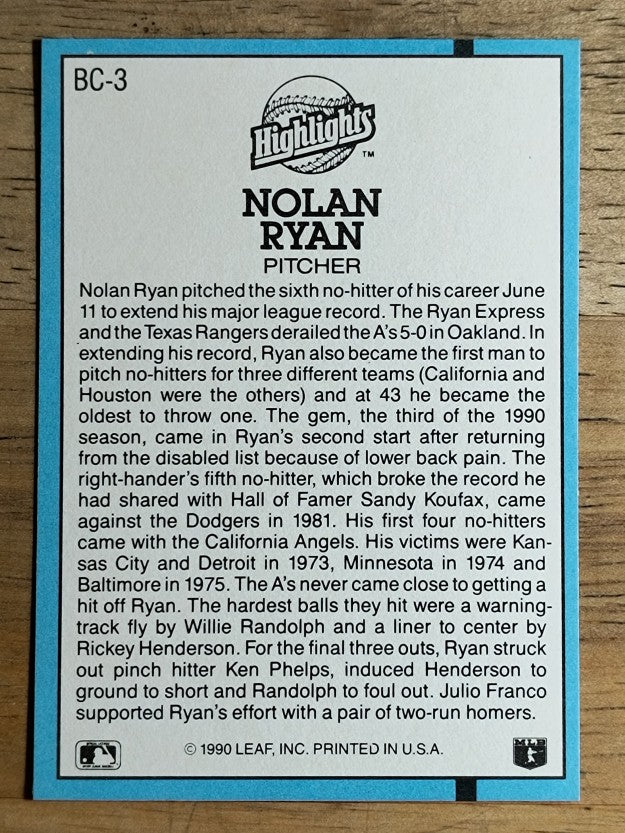 1991 Donruss Bonus Cards #BC3 Nolan Ryan NH