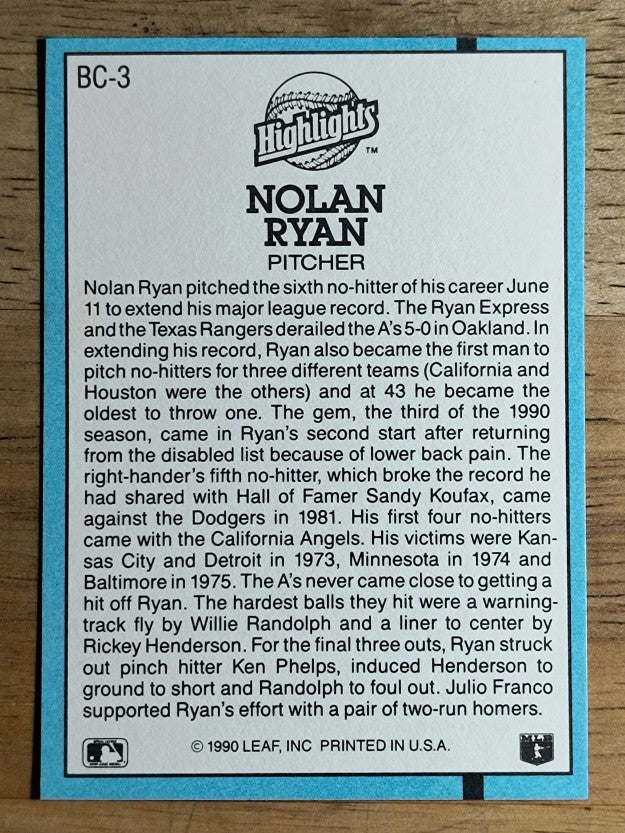 1991 Donruss Bonus Cards #BC3 Nolan Ryan NH