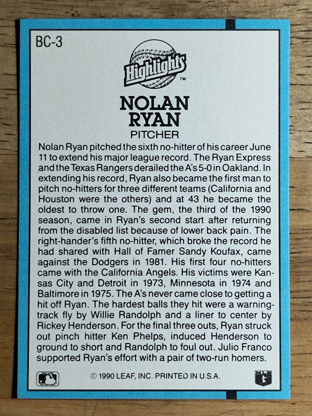 1991 Donruss Bonus Cards #BC3 Nolan Ryan NH