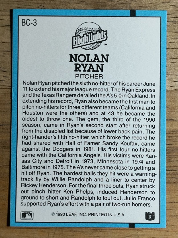 1991 Donruss Bonus Cards #BC3 Nolan Ryan NH