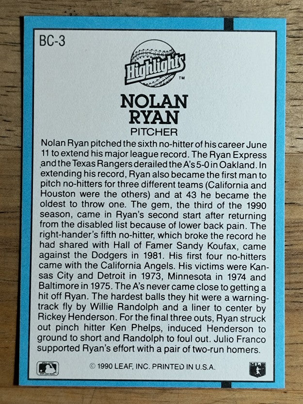 1991 Donruss Bonus Cards #BC3 Nolan Ryan NH