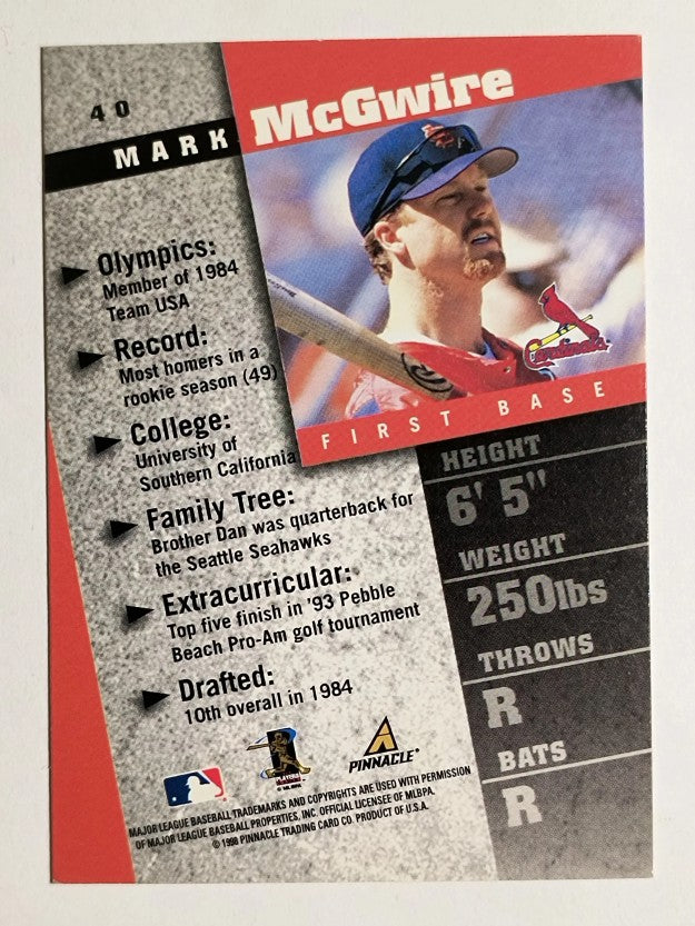 1998 Pinnacle Inside #40 Mark McGwire