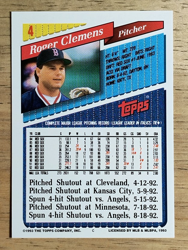 1993 Topps #4 Roger Clemens