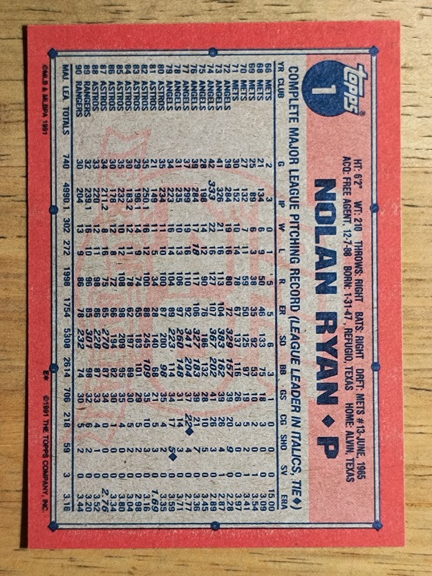 1991 Topps #1 Nolan Ryan