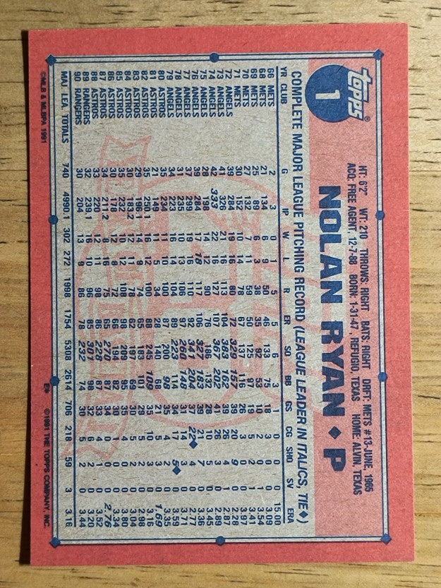 1991 Topps #1 Nolan Ryan