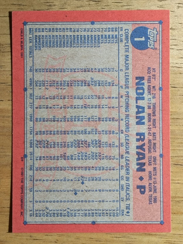 1991 Topps #1 Nolan Ryan