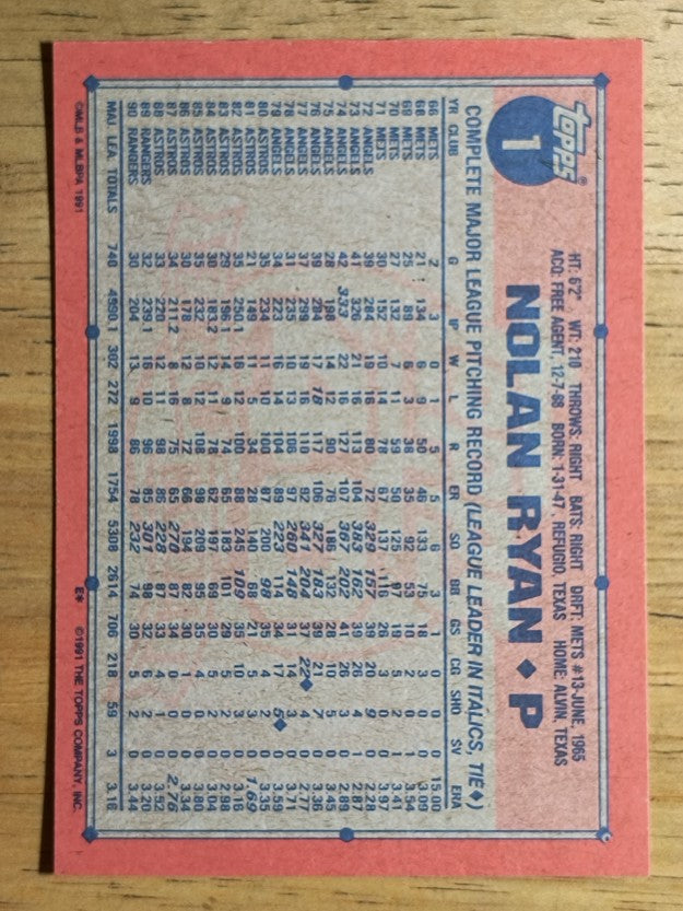 1991 Topps #1 Nolan Ryan