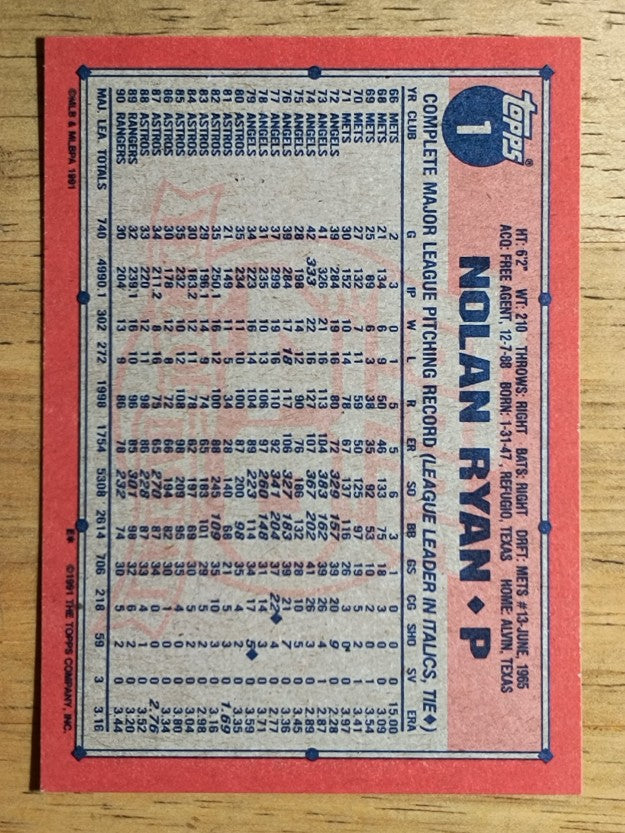 1991 Topps #1 Nolan Ryan