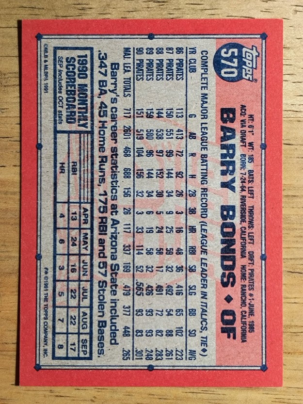 1991 Topps #570 Barry Bonds