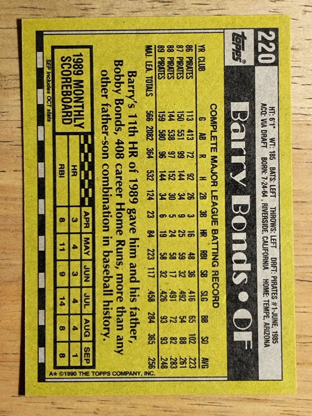 1990 Topps #220 Barry Bonds