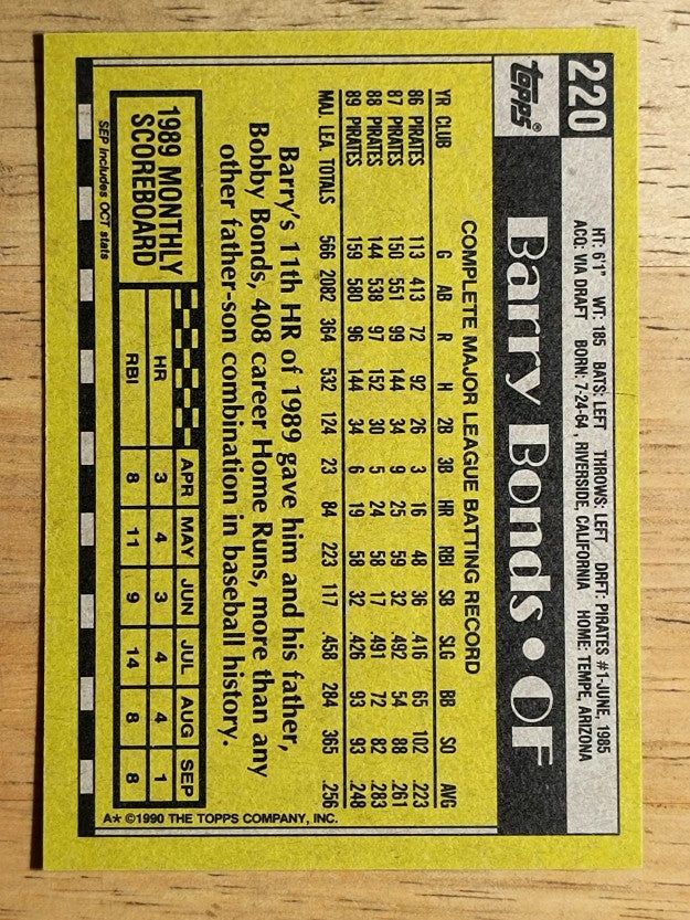 1990 Topps #220 Barry Bonds