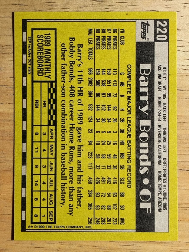 1990 Topps #220 Barry Bonds