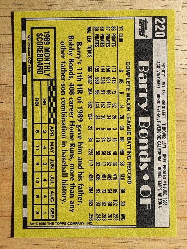 1990 Topps #220 Barry Bonds
