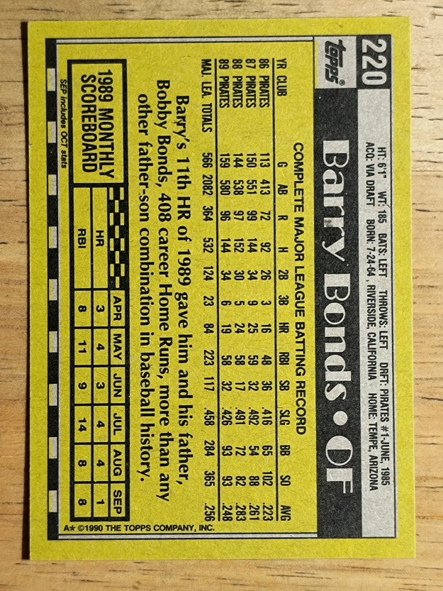 1990 Topps #220 Barry Bonds