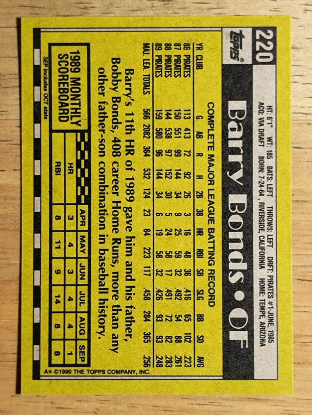 1990 Topps #220 Barry Bonds