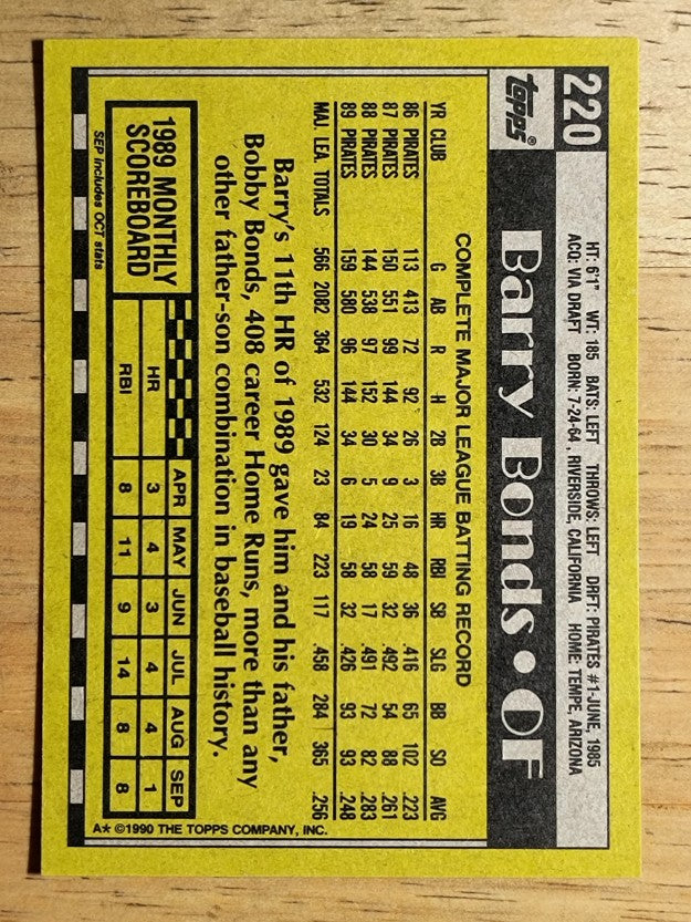 1990 Topps #220 Barry Bonds