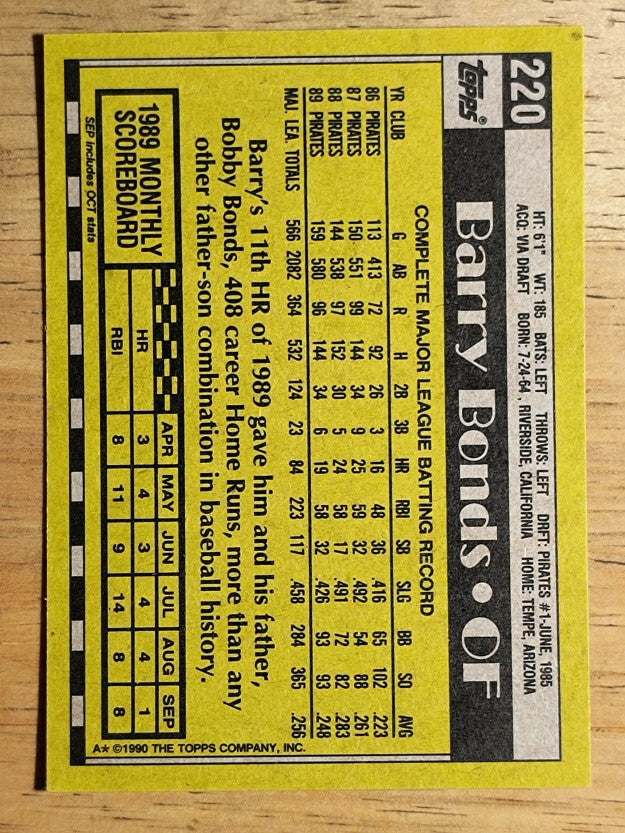 1990 Topps #220 Barry Bonds