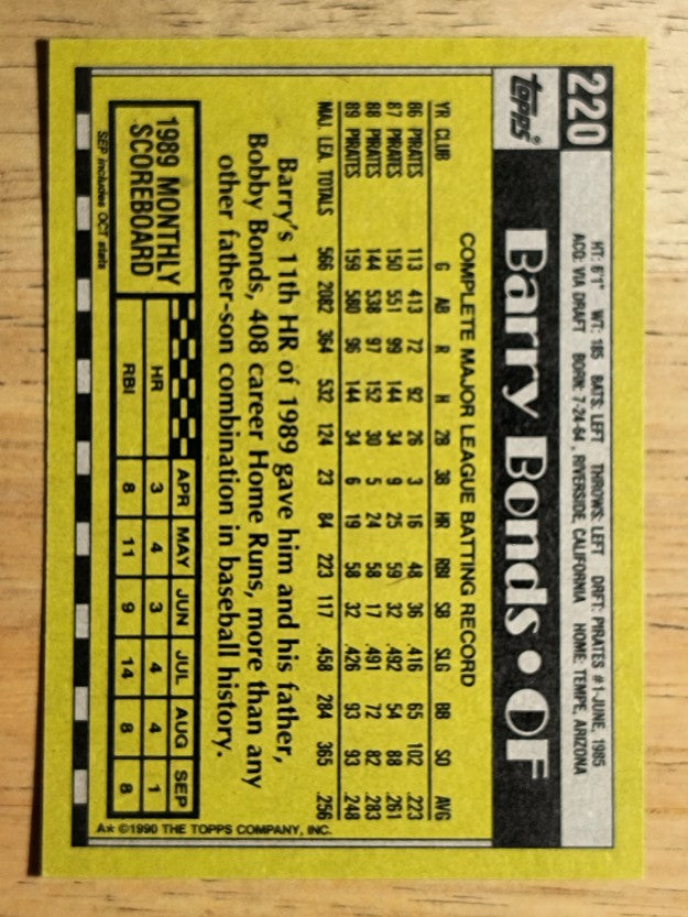 1990 Topps #220 Barry Bonds