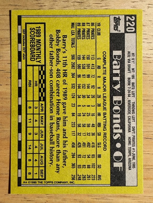 1990 Topps #220 Barry Bonds