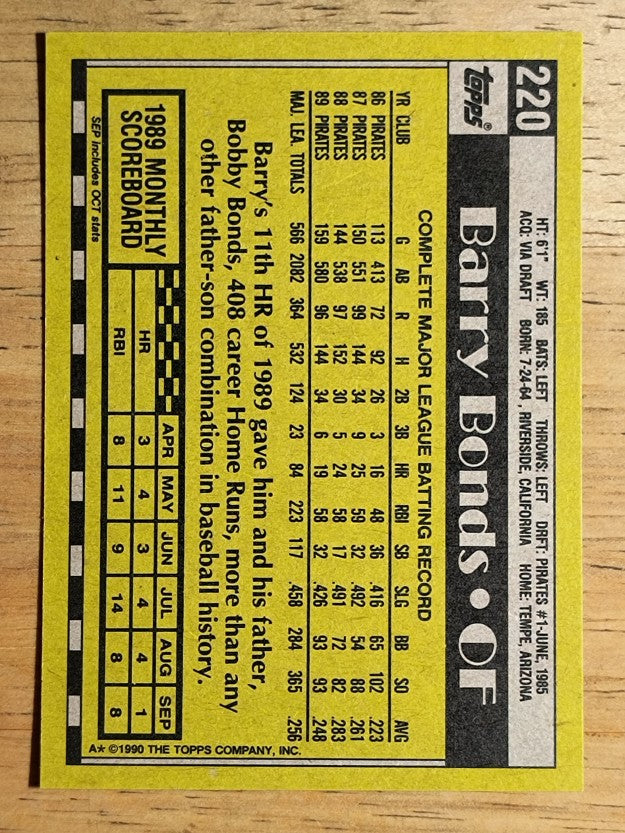 1990 Topps #220 Barry Bonds