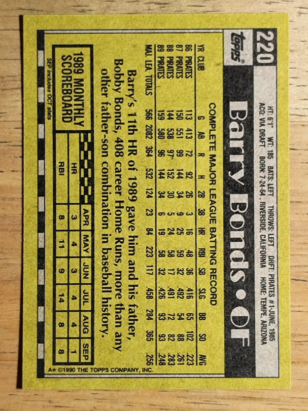 1990 Topps #220 Barry Bonds
