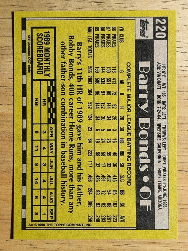 1990 Topps #220 Barry Bonds