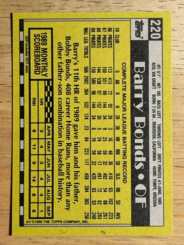1990 Topps #220 Barry Bonds