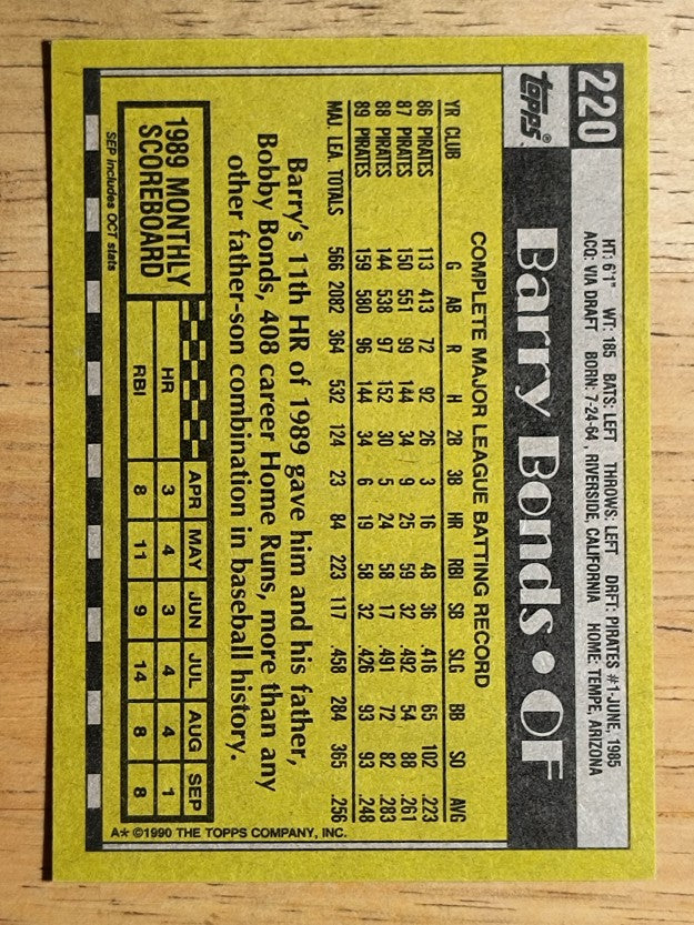 1990 Topps #220 Barry Bonds