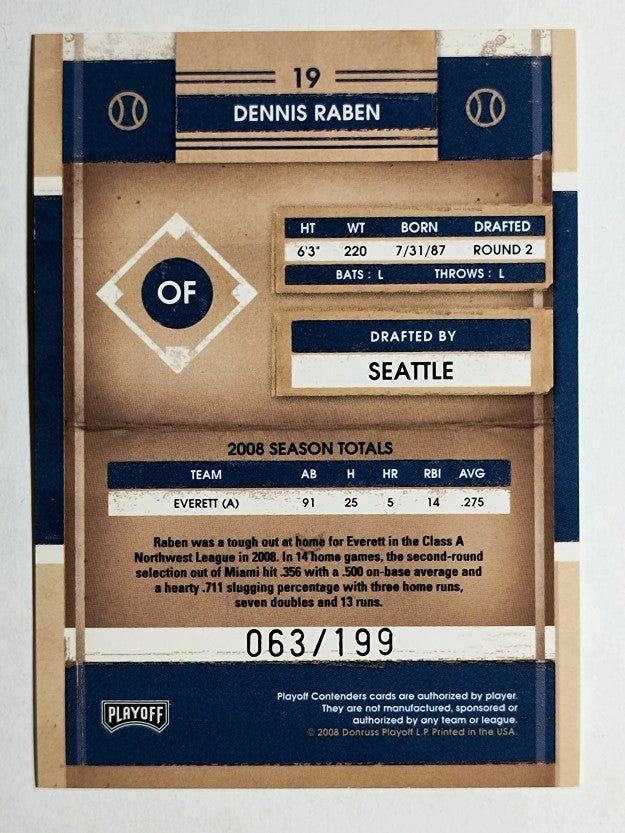 2008 Playoff Contenders Playoff Ticket #19 Dennis Raben