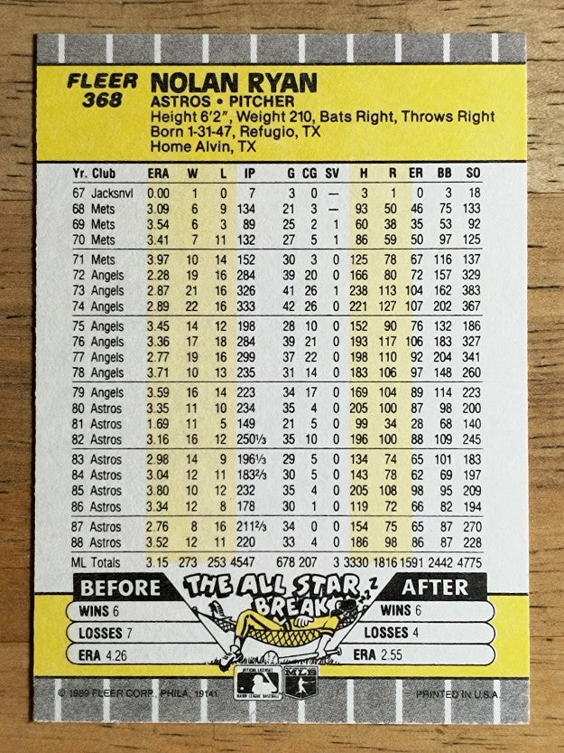1989 Fleer #368 Nolan Ryan